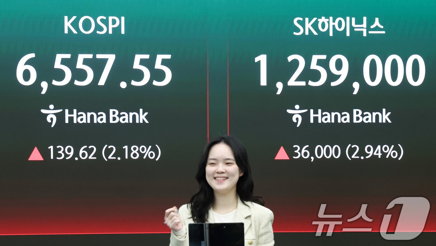 본문 이미지 - 코스피가 장중 6550선을 넘은 23일 오전 서울 중구 하나은행 딜링룸 전광판에 코스피 지수와 SK하이닉스 주가가 표시되고 있다. 이날 코스피는 전 거래일 대비 70.90포인트(1.10%) 상승한 6488.83에 개장했다. 2026.4.23 ⓒ 뉴스1 임지훈 인턴기자