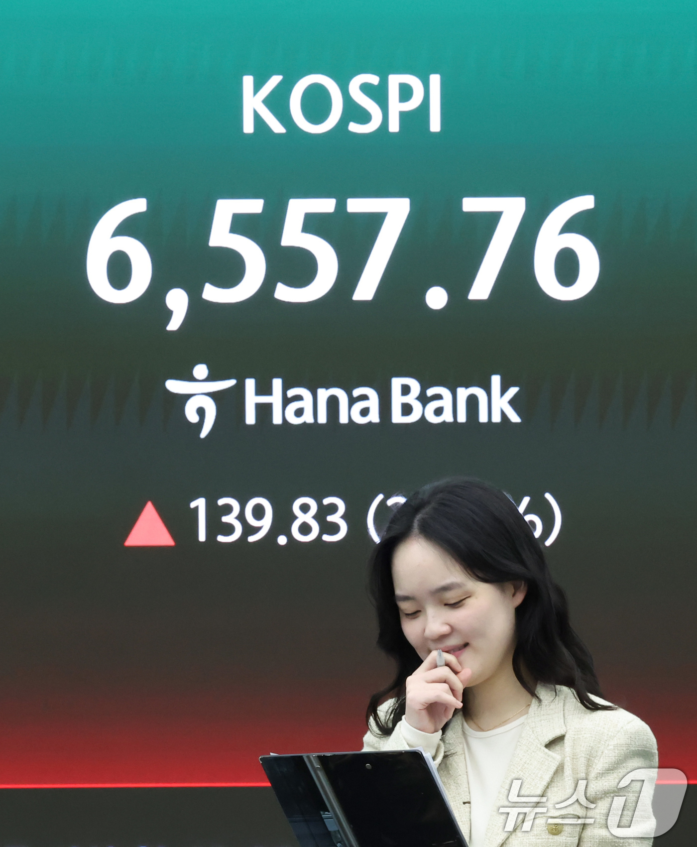 (서울=뉴스1) 임지훈 인턴기자 = 코스피가 장중 6500선을 넘은 23일 오전 서울 중구 하나은행 딜링룸 전광판에 코스피 지수가 표시되고 있다.이날 코스피는 전 거래일 대비 70 …