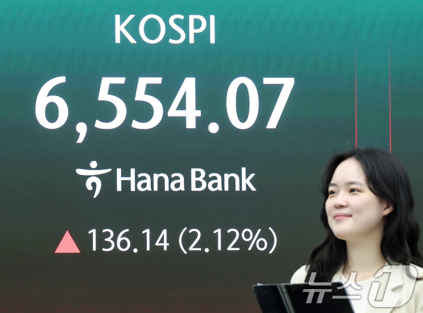 본문 이미지 - 코스피가 장중 6500선을 넘은 23일 오전 서울 중구 하나은행 딜링룸 전광판에 코스피 지수가 표시되고 있다. 이날 코스피는 전 거래일 대비 70.90포인트(1.10%) 상승한 6488.83에 개장했다. 2026.4.23 ⓒ 뉴스1 임지훈 인턴기자