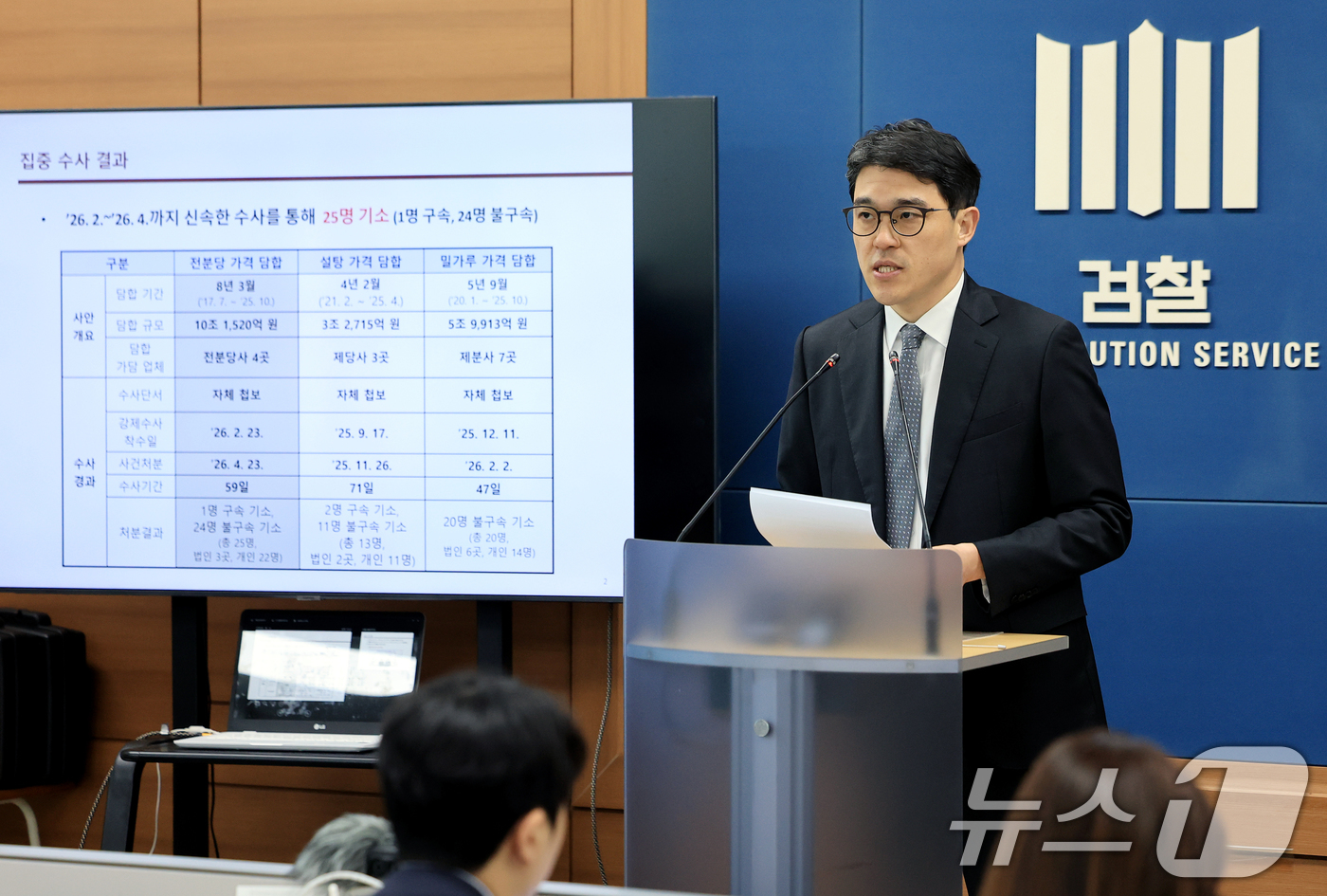 (서울=뉴스1) 이호윤 기자 = 나희석 서울중앙지검 공정거래조사부 부장검사가 23일 서울 서초구 서울고등검찰청 브리핑룸에서 전분당 담합 관련 수사 결과 브리핑을 하고 있다. 202 …