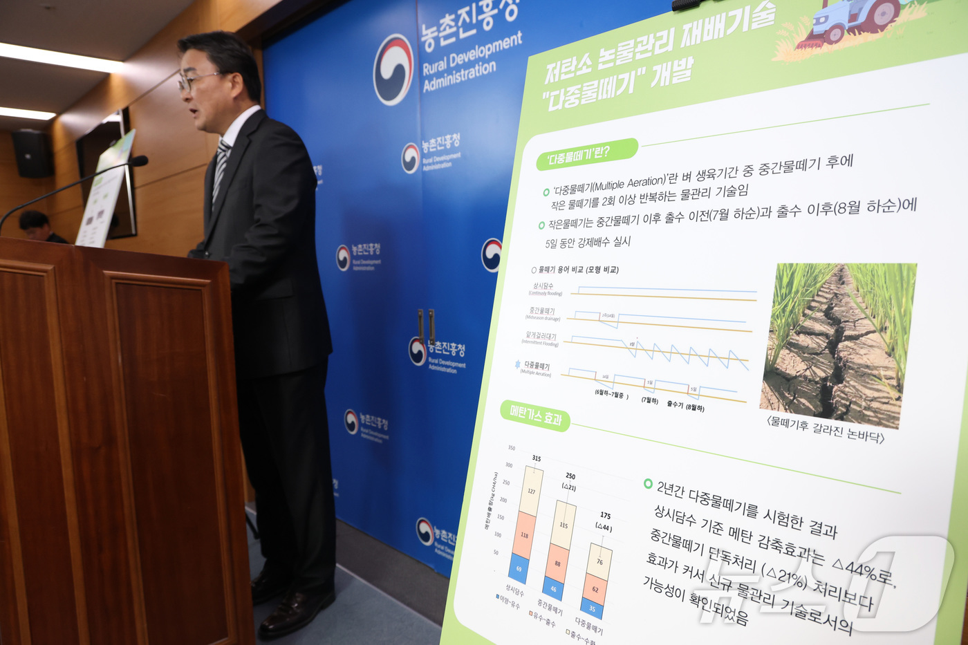 (세종=뉴스1) 김기남 기자 = 김병석 국립식량과학원장이 23일 세종시 정부세종청사에서  기후·에너지 위기 극복을 위한 벼 마른논 써레질,  다중물떼기,  ICT 기반 논물관리 무 …