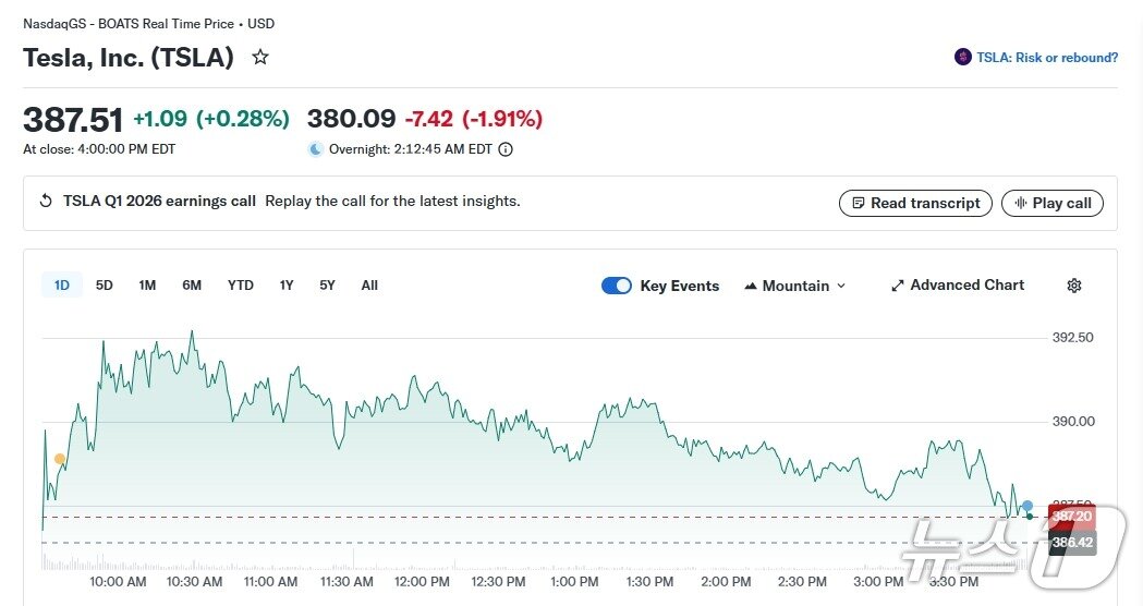 본문 이미지 - 테슬라 일일 주가 추이 - 야후 파이낸스 갈무리