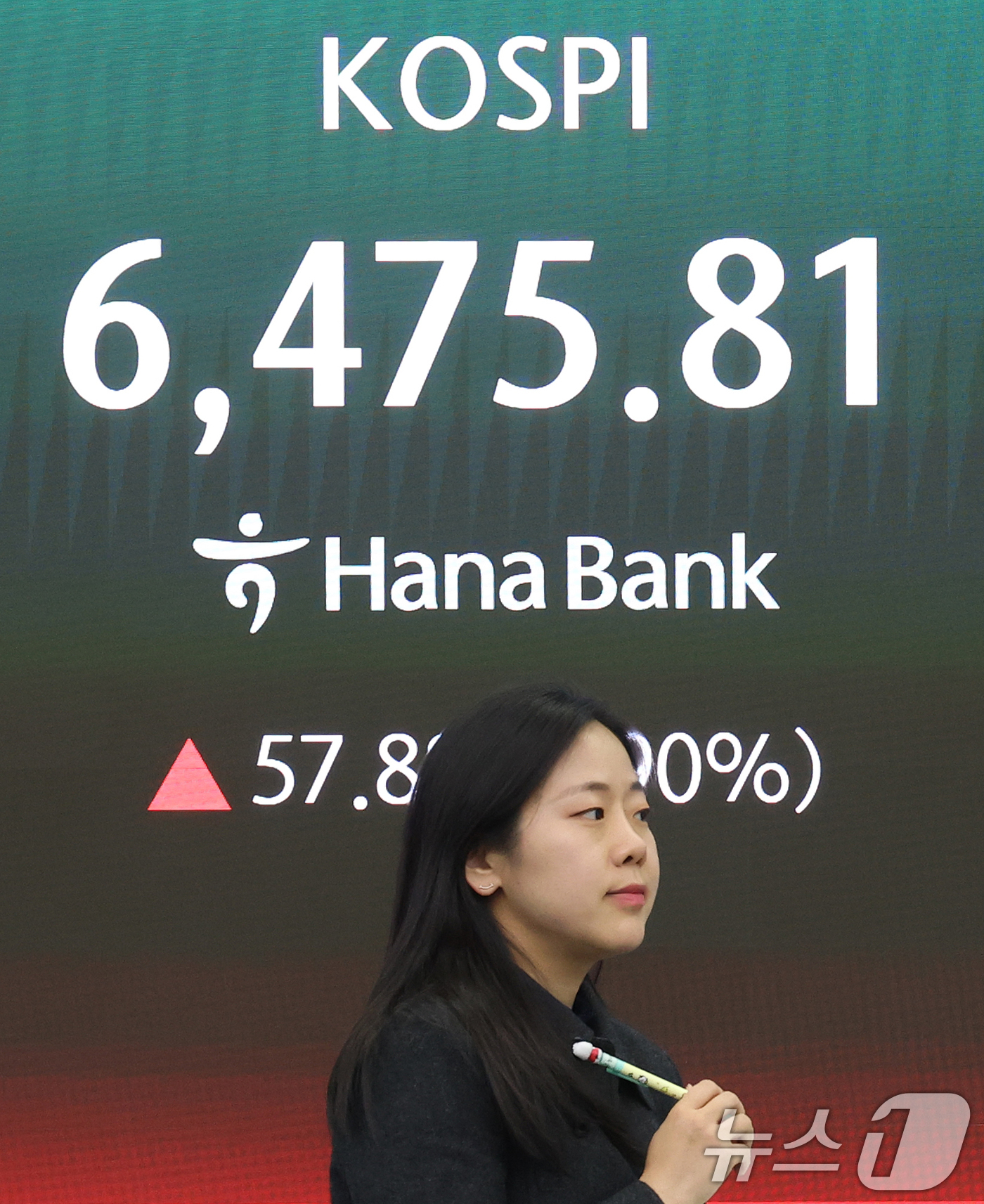 (서울=뉴스1) 오대일 기자 = 코스피가 종가 기준 사상 최고치를 경신한 23일 오후 서울 중구 하나은행 딜링룸 전광판에 코스피 종가가 표시되고 있다.이날 코스피는 전 거래일 대비 …