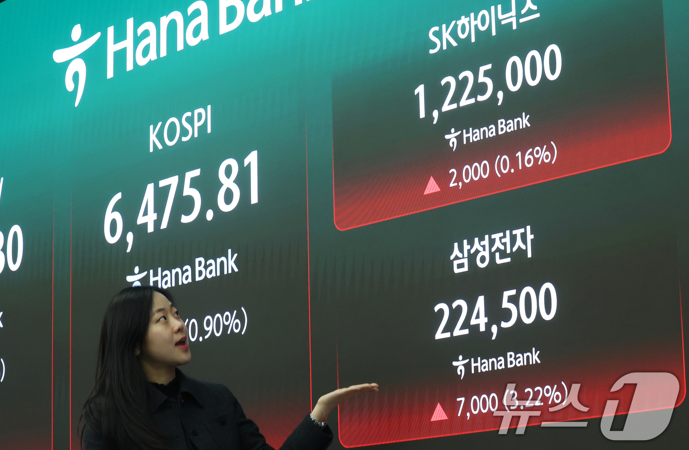 (서울=뉴스1) 오대일 기자 = 코스피가 종가 기준 사상 최고치를 경신한 23일 오후 서울 중구 하나은행 딜링룸 전광판에 삼성전자와 SK하이닉스 종가가 표시되고 있다.이날 코스피는 …