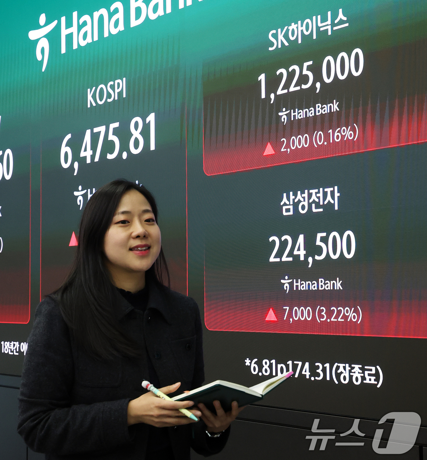 (서울=뉴스1) 오대일 기자 = 코스피가 종가 기준 사상 최고치를 경신한 23일 오후 서울 중구 하나은행 딜링룸 전광판에 삼성전자와 SK하이닉스 종가가 표시되고 있다.이날 코스피는 …