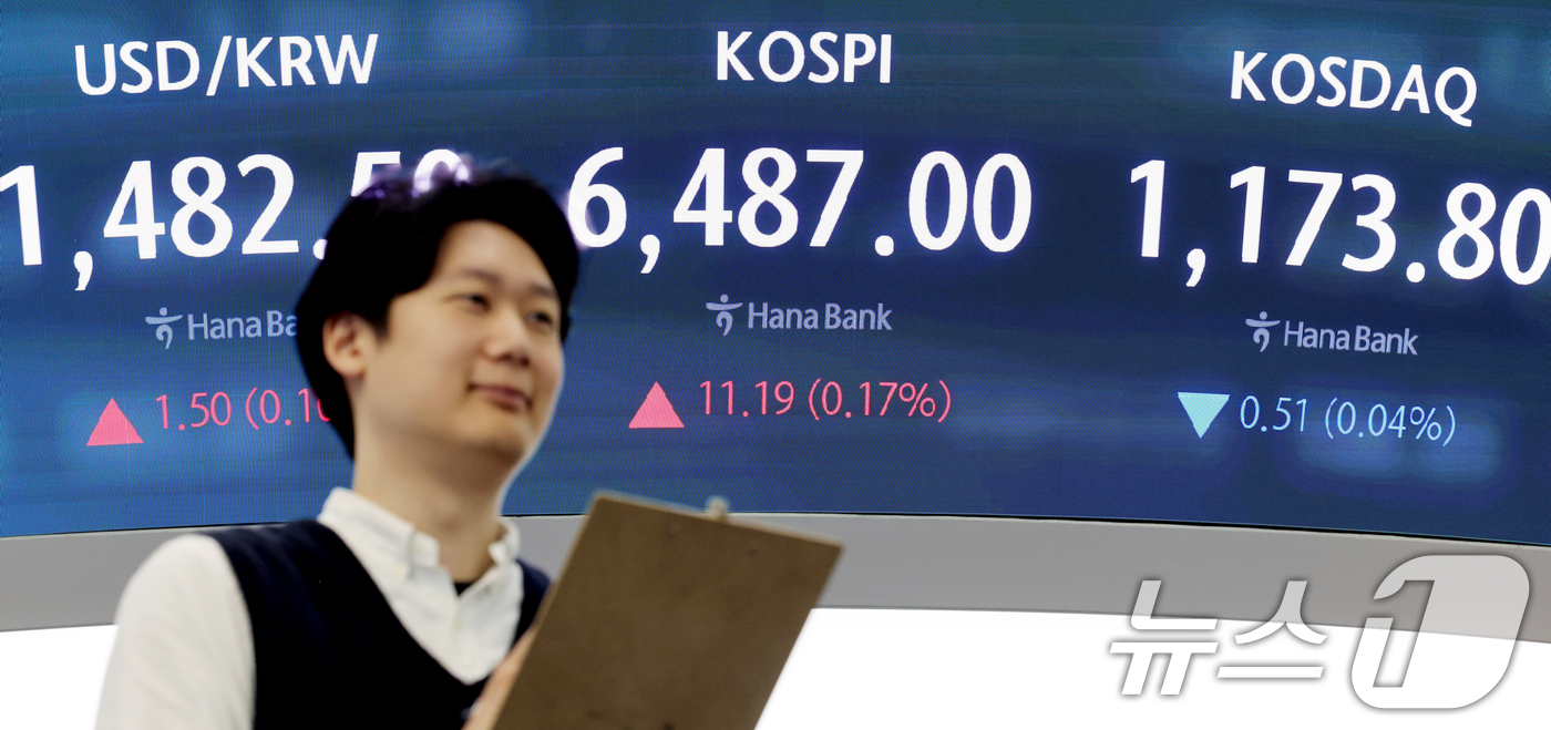 (서울=뉴스1) 조연우 인턴기자 = 전날 사상 최고치를 경신한 코스피가 숨고르기 흐름을 보이는 24일 오전 서울 중구 하나은행 딜링룸 전광판에 코스피와 코스닥 지수 등이 표시되고 …