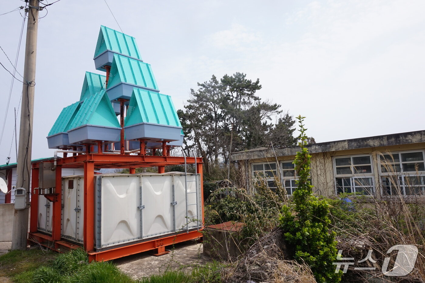 본문 이미지 - '하늘받이'라 부르는 특이한 형태의 빗물 수집 장치. 폐교 뒤에 있다. 2026.4.24. 뉴스1 ⓒ News1 조영석 기자 