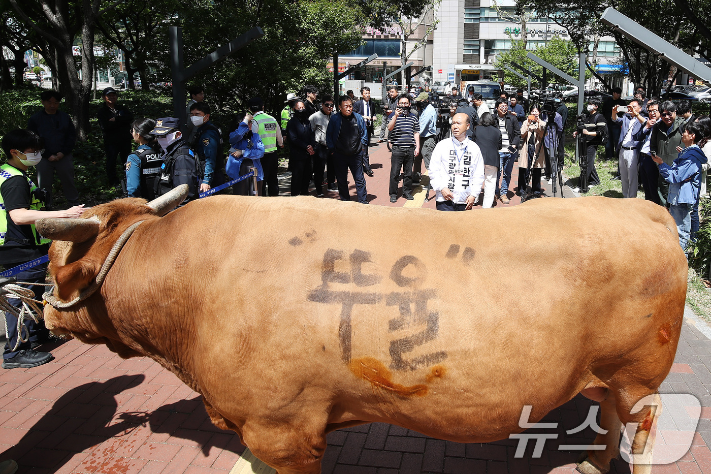 (대구=뉴스1) 공정식 기자 = 국민의힘 대구시장 후보 경선에서 공천 배제(컷오프)된 뒤 무소속 출마를 선언한 김한구 예비후보(가운데 흰 점퍼)가 24일 오전 대구 수성구 범어네거 …