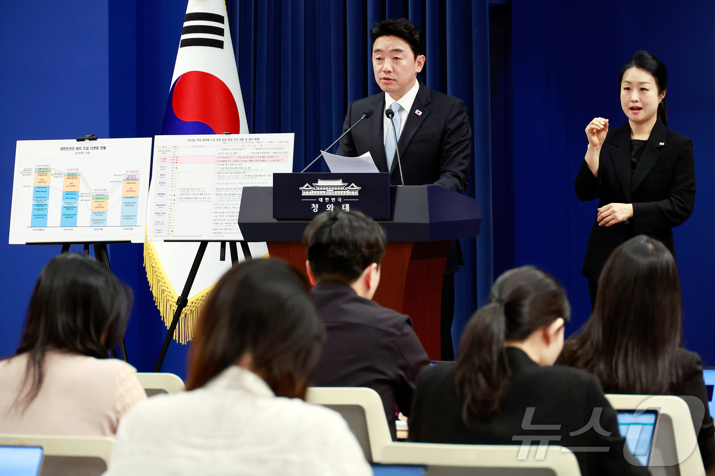 (서울=뉴스1) 허경 기자 = 강훈식 대통령 비서실장이 24일 청와대 춘추관에서 비상경제 상황 관련 브리핑을 하고 있다. (청와대통신사진기자단) 2026.4.24/뉴스1