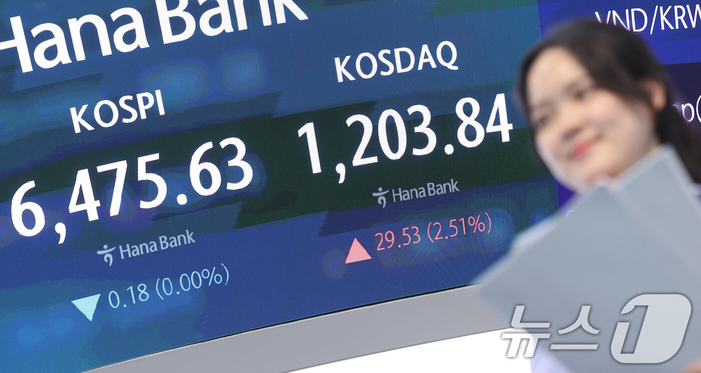 본문 이미지 - 코스닥지수는 2% 넘게 급등해 2000년 이후 처음으로 종가 기준 1,200선을 넘어선 24일 서울 중구 하나은행 본점 딜링룸에 종가가 나오고 있다.  2026.4.24 ⓒ 뉴스1 김성진 기자