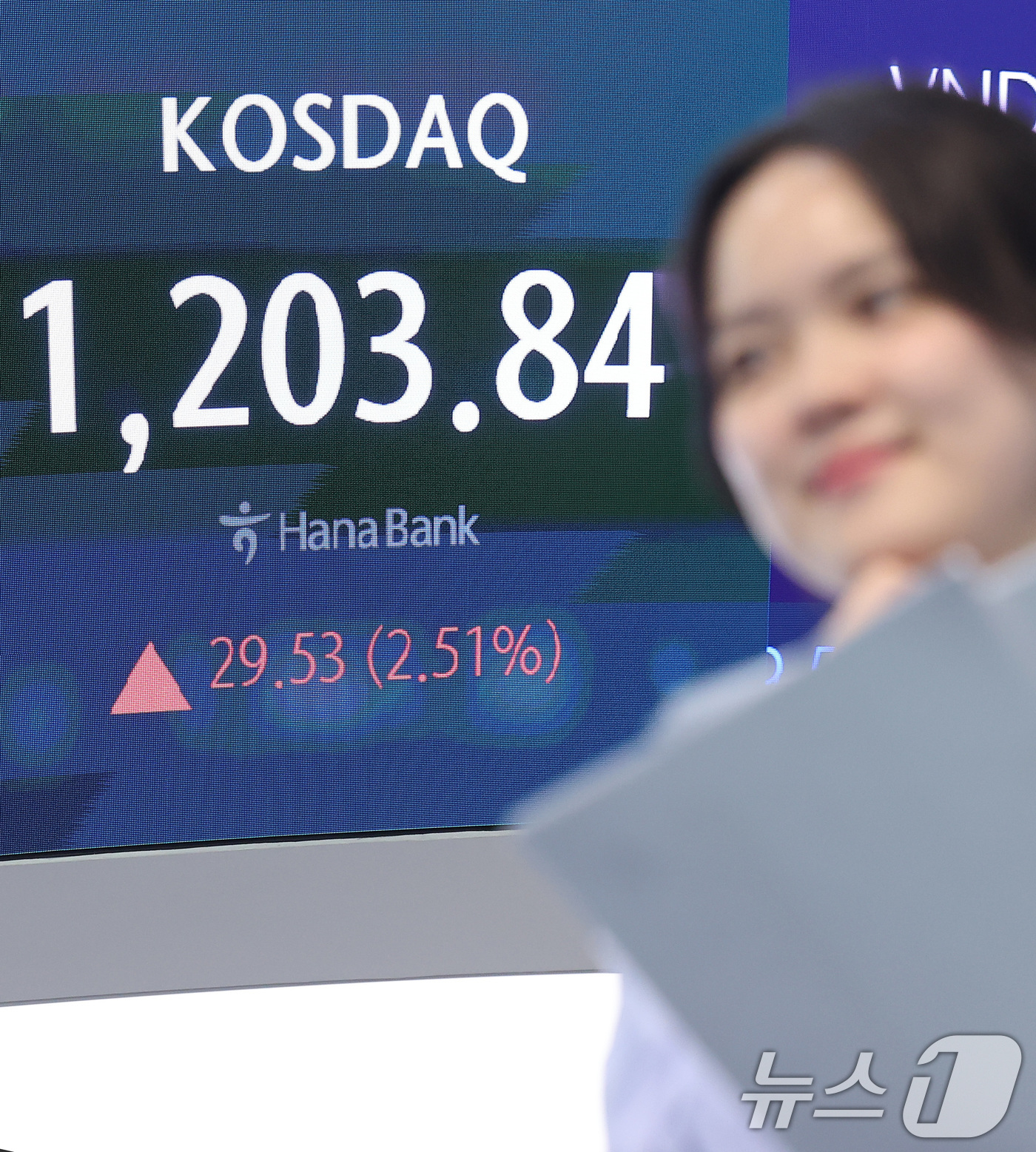 (서울=뉴스1) 김성진 기자 = 코스닥지수는 2% 넘게 급등해 2000년 이후 처음으로 종가 기준 1,200선을 넘어선 24일 서울 중구 하나은행 본점 딜링룸에 종가가 나오고 있다 …