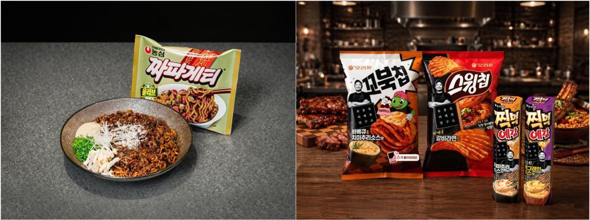 본문 이미지 - 농심 '몽탄 짜파게티'와 오리온 '바베큐 컬렉션' 제품 사진.(각 사 제공)