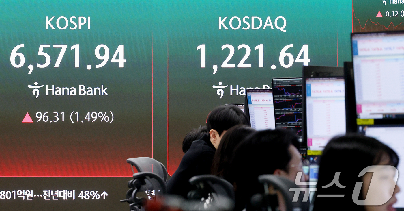 (서울=뉴스1) 조연우 인턴기자 = 코스닥 지수가 26년 만에 최고치를 기록하며 상승 곡선을 그리고 있는 27일 오전 서울 중구 하나은행 딜링룸 전광판에 시황이 표시되고 있다. 이 …