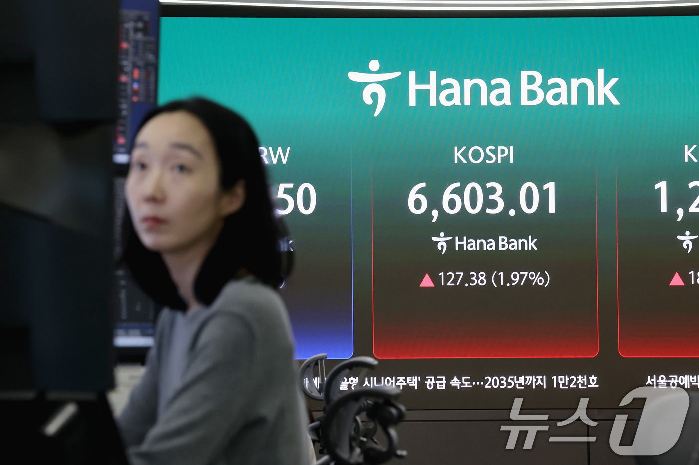 (서울=뉴스1) 조연우 인턴기자 = 코스피 지수가 장 초반 연이어 사상 최고치를 갈아치우며 강세 흐름을 이어간 27일 오전 서울 중구 하나은행 딜링룸 전광판에 시황이 표시되고 있다 …