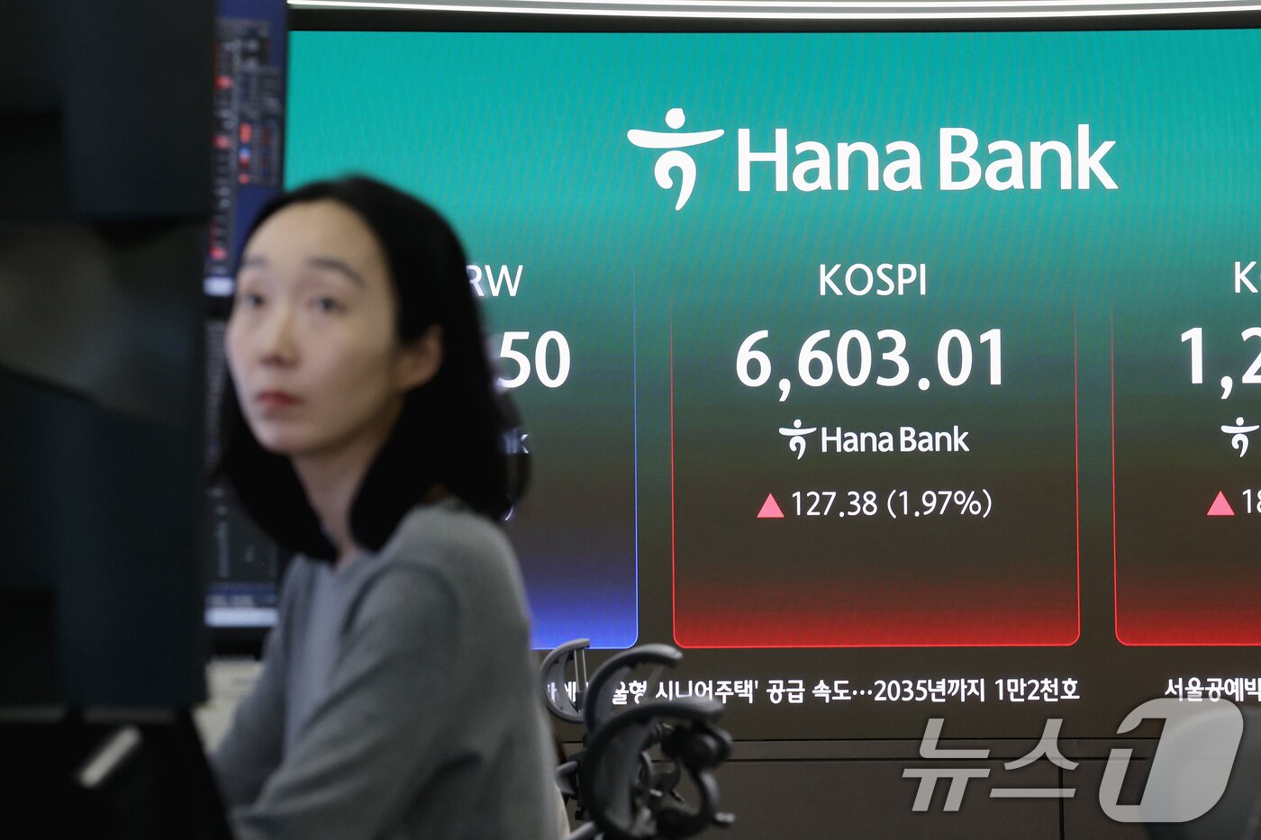 본문 이미지 - 코스피 지수가 장 초반 연이어 사상 최고치를 갈아치우며 강세 흐름을 이어간 27일 오전 서울 중구 하나은행 딜링룸 전광판에 시황이 표시되고 있다.  2026.4.27 ⓒ 뉴스1 조연우 인턴기자