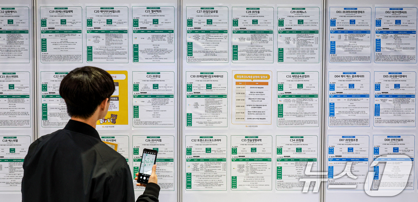(서울=뉴스1) 이호윤 기자 = 27일 서울 강남구 코엑스에서 열린 ‘2026 제1차 KB굿잡 우수기업 취업박람회’를 찾은 구직자가 채용공고게시대를 살펴보고 있다. 2026.4.2 …
