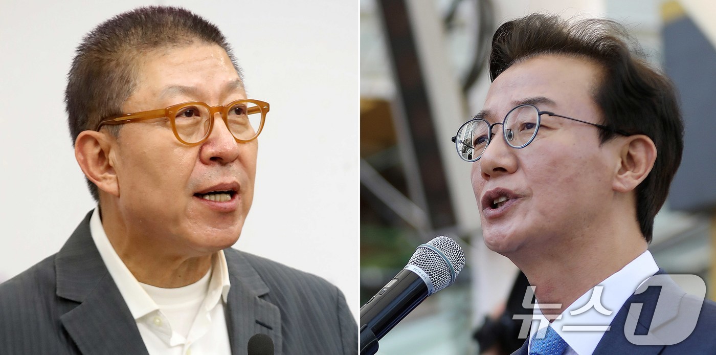 (부산=뉴스1) 윤일지 기자 = 박형준 국민의힘 부산시장 후보(왼쪽)와 전재수 더불어민주당 부산시장 후보가 27일 부산시의회 브리핑룸에서 열린 6·3 지방선거 부산시장 출마 선언 …