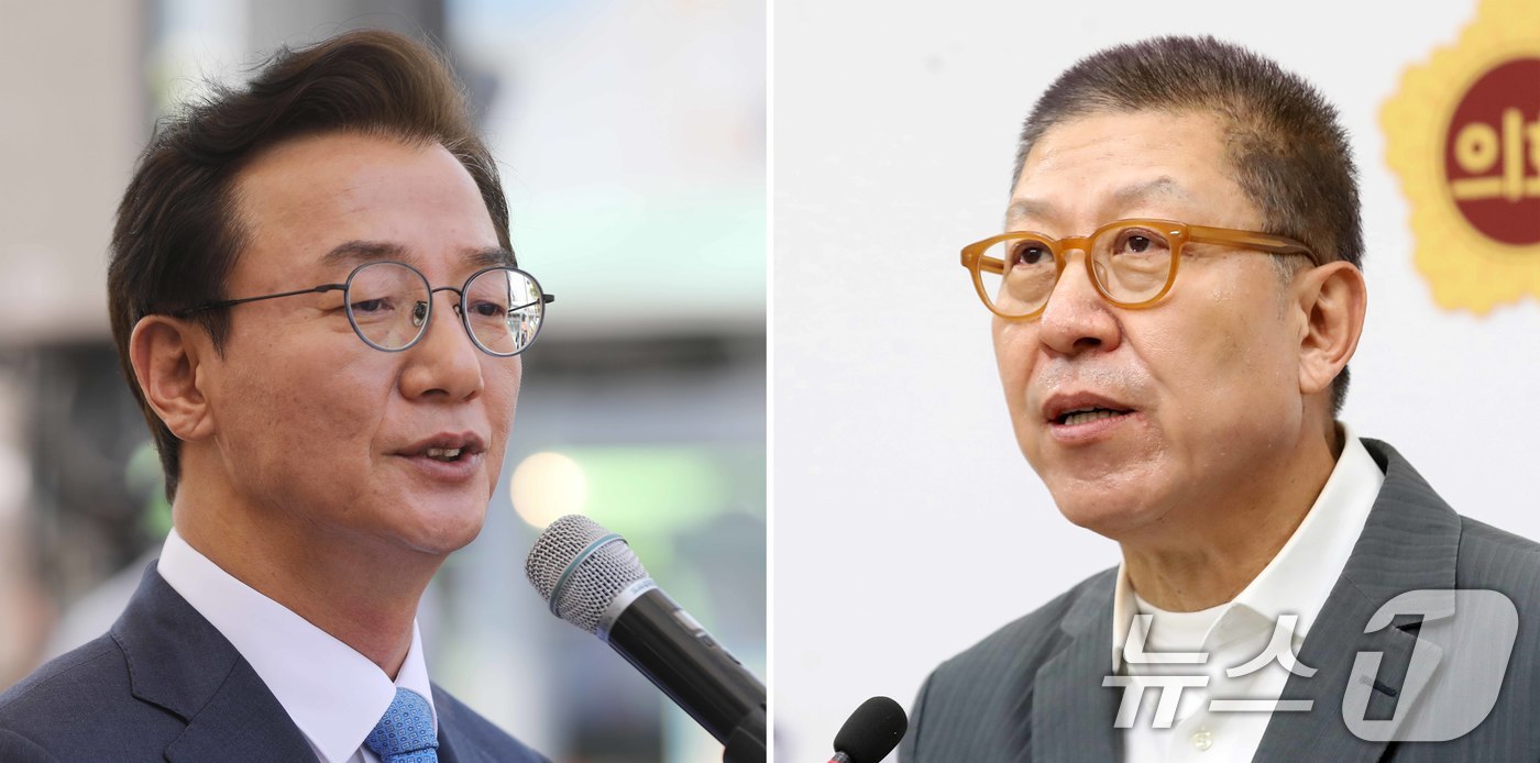 (부산=뉴스1) 윤일지 기자 = 전재수 더불어민주당 부산시장 후보(왼쪽)와 박형준 국민의힘 부산시장 후보가 27일 구포시장에서 열린 '북구 주민 감사 인사' 행사와 부산시의회 브리 …