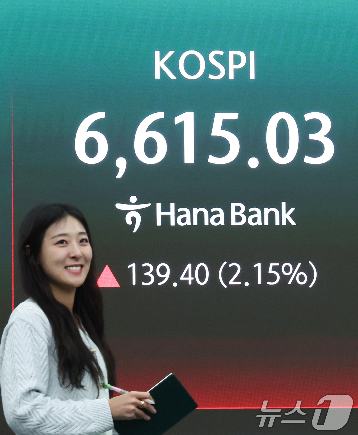 (서울=뉴스1) 임지훈 인턴기자 = 코스피가 종가 기준 사상 최고치를 경신한 27일 오후 서울 중구 하나은행 딜링룸 전광판에 코스피 종가가 표시되고 있다.이날 코스피는 전 거래일 …