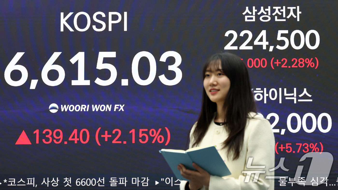 (서울=뉴스1) 최지환 기자 = 코스피가 사상 최초로 6600선 돌파 마감한 27일 서울 중구 우리은행 딜링룸에 코스피 종가가 표시되어 있다.이날 코스피는 전 거래일 대비 139. …