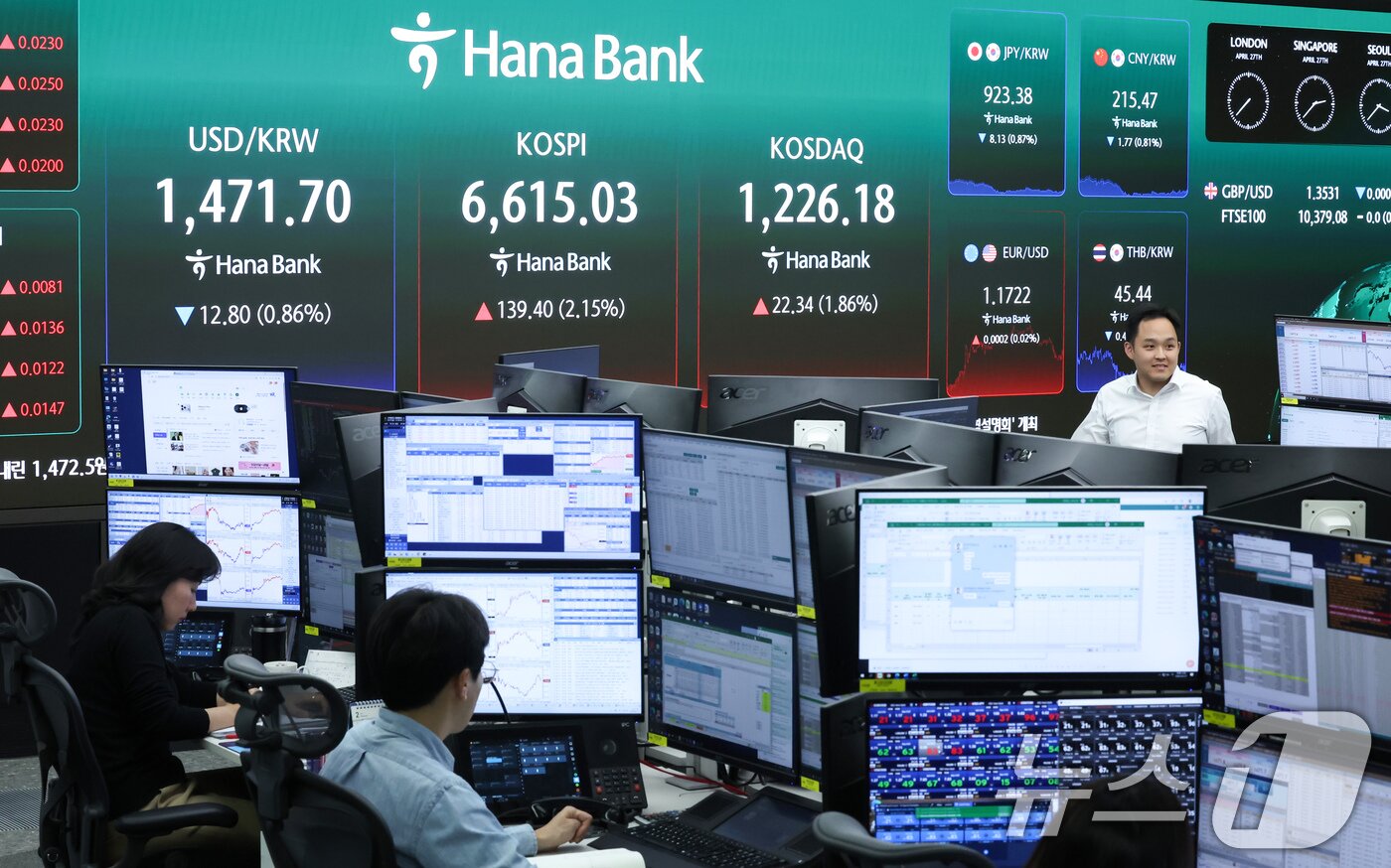본문 이미지 - 코스피가 종가 기준 사상 최고치를 경신한 27일 오후 서울 중구 하나은행 딜링룸 전광판에 코스피 종가 등이 표시되고 있다. 2026.4.27 ⓒ 뉴스1 임지훈 인턴기자