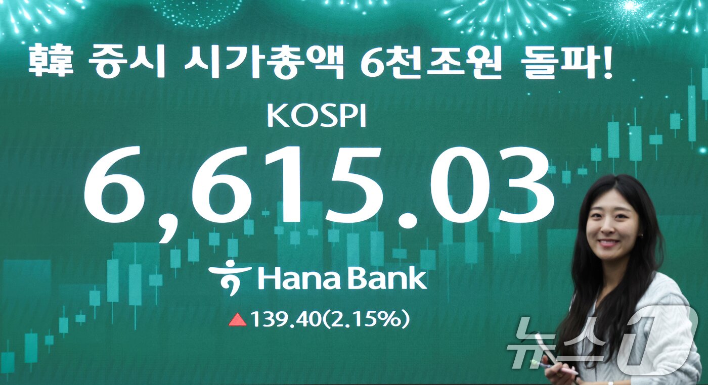 본문 이미지 - 코스피가 종가 기준 사상 최고치를 경신한 27일 오후 서울 중구 하나은행 딜링룸 전광판에 코스피 종가가 표시되고 있다. 2026.4.27 ⓒ 뉴스1 임지훈 인턴기자