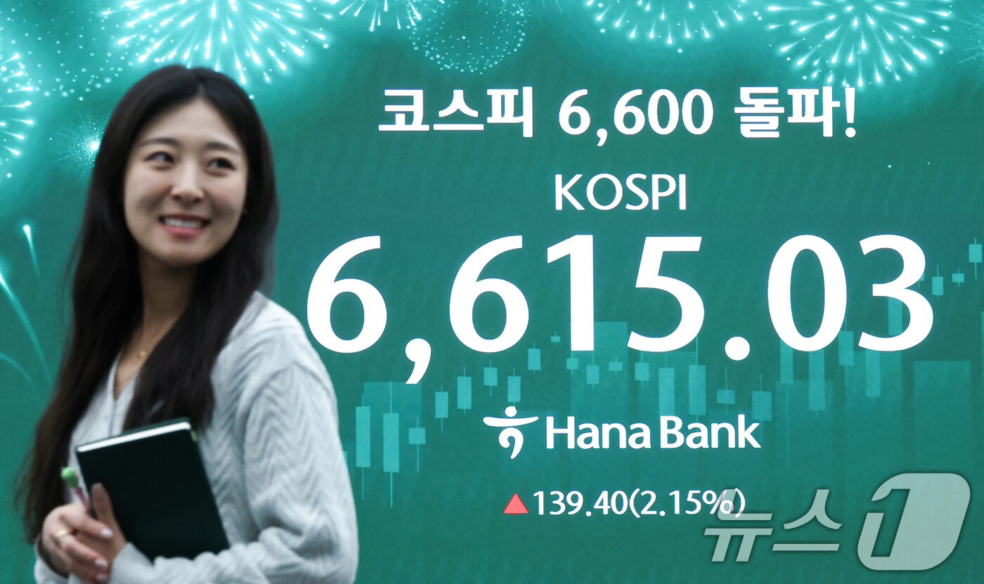 본문 이미지 - 코스피가 종가 기준 사상 최고치를 경신한 27일 오후 서울 중구 하나은행 딜링룸 전광판에 코스피 종가가 표시되고 있다. 2026.4.27 ⓒ 뉴스1 임지훈 인턴기자