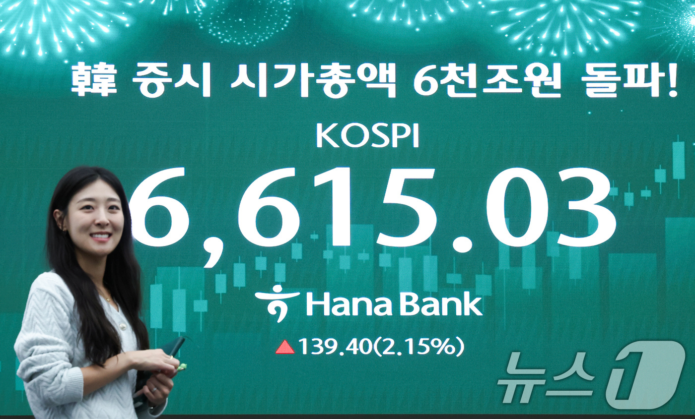 (서울=뉴스1) 임지훈 인턴기자 = 코스피가 종가 기준 사상 최고치를 경신한 27일 오후 서울 중구 하나은행 딜링룸 전광판에 코스피 종가가 표시되고 있다.이날 코스피는 전 거래일 …