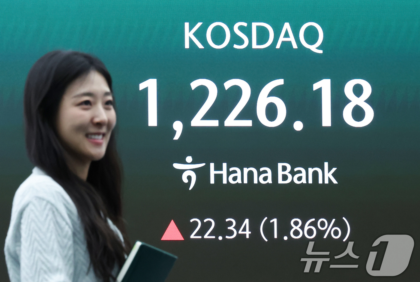 (서울=뉴스1) 임지훈 인턴기자 = 코스닥이 2%대 가까이 상승 마감한 27일 오후 서울 중구 하나은행 딜링룸 전광판에 코스닥 종가가 표시되고 있다.이날 코스닥은 22.34포인트( …