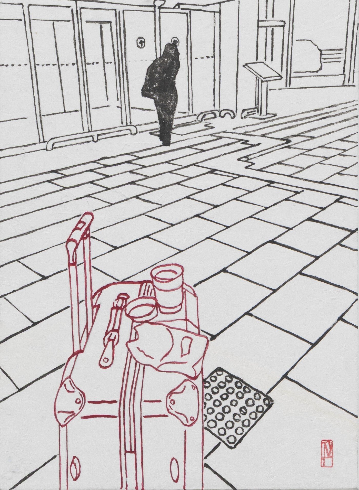 본문 이미지 - 허진, <출근하며 산다 02> _ 33.5&times;24.2cm, 한지에 펜과 수묵, 2025 (떼아트갤러리 제공)