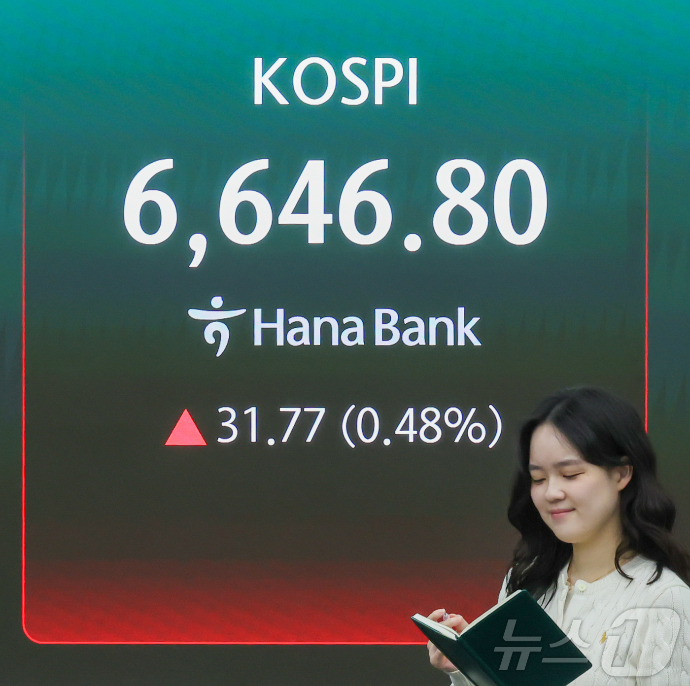 (서울=뉴스1) 이종수 인턴기자 = 28일 서울 중구 하나은행 딜링룸 전광판에 코스피 지수가 표시돼 있다.이날 코스피는 상승 출발해 장중 최고치를 다시 경신했다. 2026.4.28 …