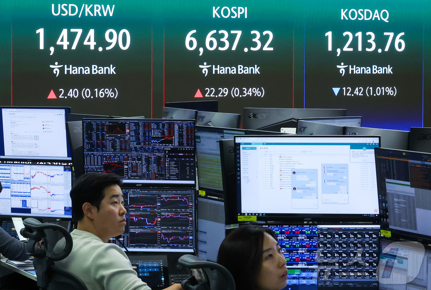 (서울=뉴스1) 이종수 인턴기자 = 코스피가 상승 출발하며 장중 최고치를 다시 경신한 28일 서울 하나은행 본점 딜링룸 전광판에 코스피와 코스닥 지수 등이 표시돼 있다. 2026. …