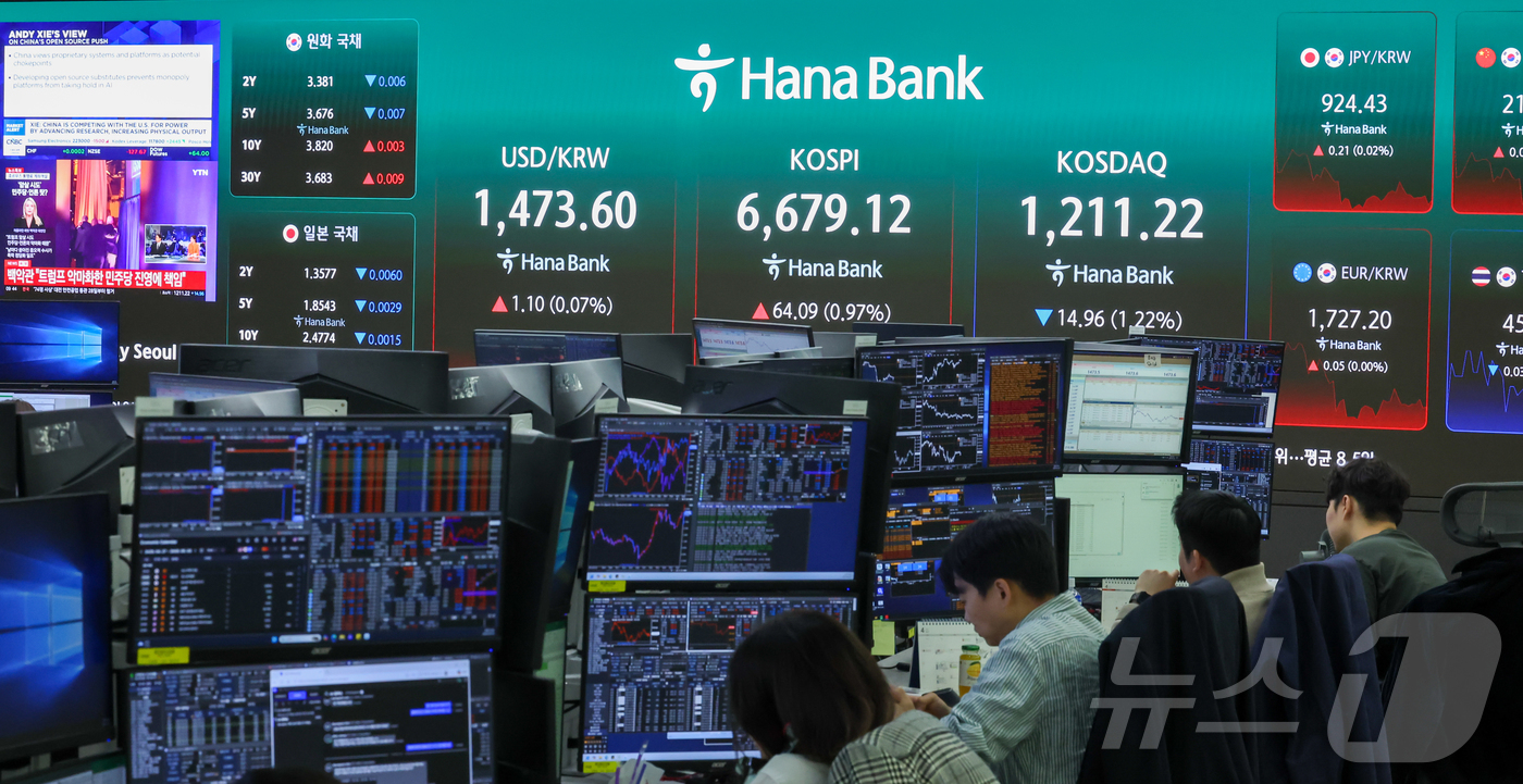 (서울=뉴스1) 이종수 인턴기자 = 코스피가 상승 출발하며 장중 최고치를 다시 경신한 28일 서울 하나은행 본점 딜링룸 전광판에 코스피와 코스닥 지수 등이 표시돼 있다. 2026. …