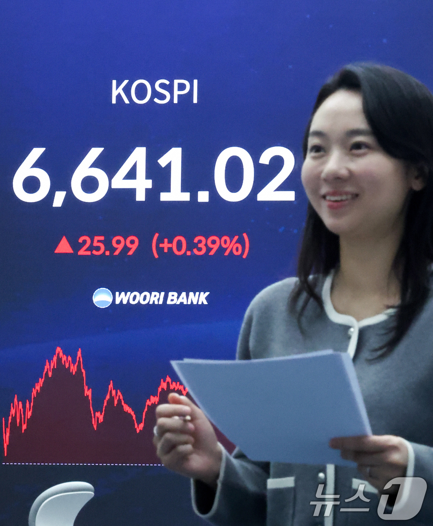 (서울=뉴스1) 임지훈 인턴기자 = 코스피 지수가 연일 사상 최고치를 경신한 28일 오후 서울 중구 우리은행 본점 딜링룸 전광판에 코스피 종가가 표시되고 있다.이날 코스피는 전 거 …