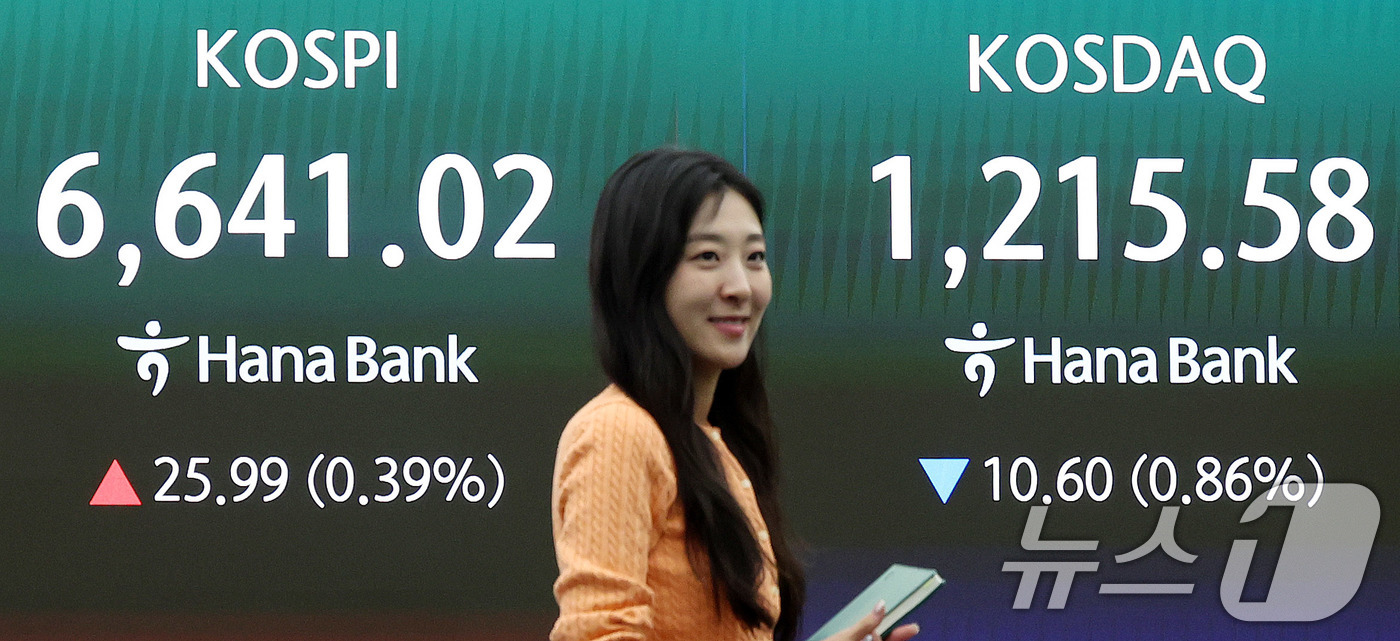 (서울=뉴스1) 박지혜 기자 = 코스피가 이틀 연속 종가 기준 사상 최고치를 경신한 28일 오후 서울 중구 하나은행 딜링룸 전광판에 코스피 종가가 표시되고 있다.이날 코스피는 전일 …