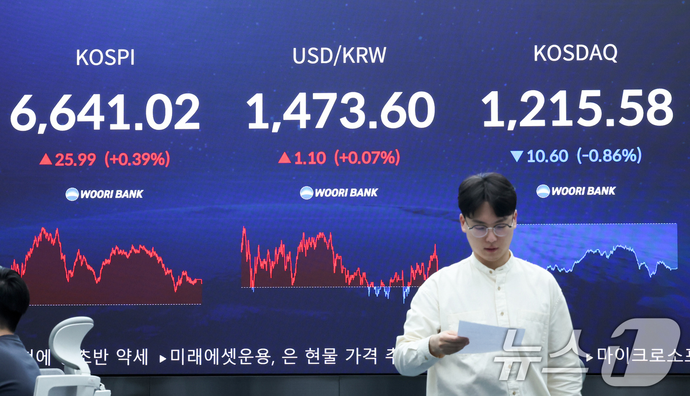 (서울=뉴스1) 임지훈 인턴기자 = 코스피 지수가 연일 사상 최고치를 경신한 28일 오후 서울 중구 우리은행 본점 딜링룸 전광판에 코스피 종가 등이 표시되고 있다.이날 코스피는 전 …