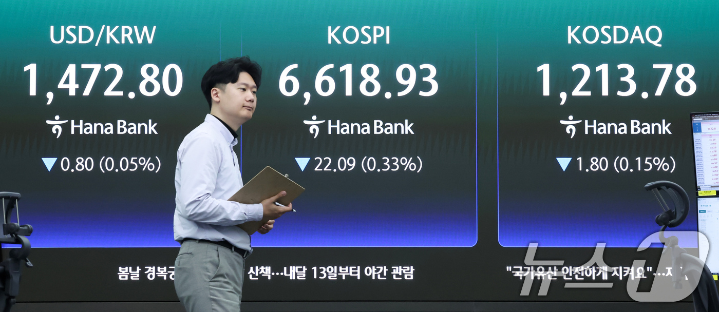 (서울=뉴스1) 임지훈 인턴기자 = 코스피가 하락 출발한 29일 오전 서울 중구 하나은행 딜링룸 전광판에 코스피, 코스닥 지수가 표시되고 있다.이날 코스피는 전 거래일 대비 22. …