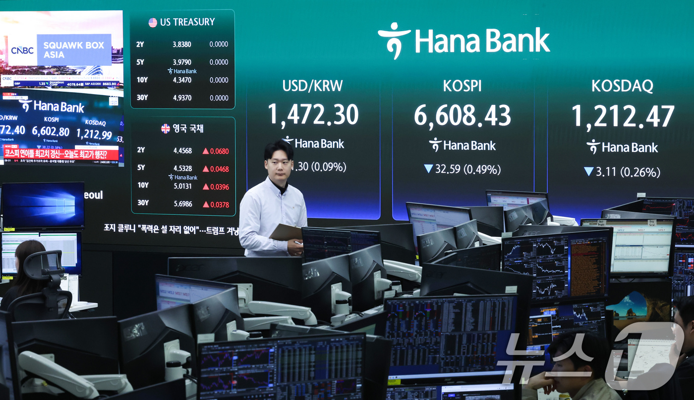 (서울=뉴스1) 임지훈 인턴기자 = 코스피가 하락 출발한 29일 오전 서울 중구 하나은행 딜링룸 전광판에 코스피, 코스닥 지수 등이 표시되고 있다.이날 코스피는 전 거래일 대비 2 …