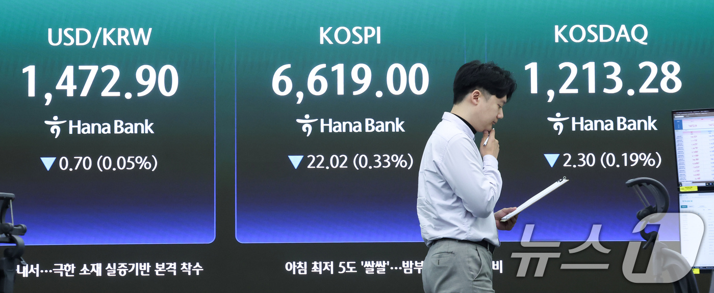 (서울=뉴스1) 임지훈 인턴기자 = 코스피가 하락 출발한 29일 오전 서울 중구 하나은행 딜링룸 전광판에 코스피, 코스닥 지수 등이 표시되고 있다.이날 코스피는 전 거래일 대비 2 …