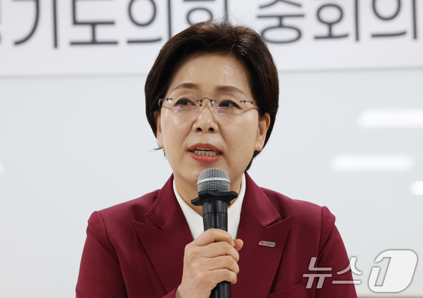 (수원=뉴스1) 김영운 기자 = 양향자 국민의힘 경기도지사 예비후보가 29일 경기 수원시 영통구 경기도의회에서 열린 국민의힘 경기도지사 출마예정자 좌담회에서 발언을 하고 있다. 2 …