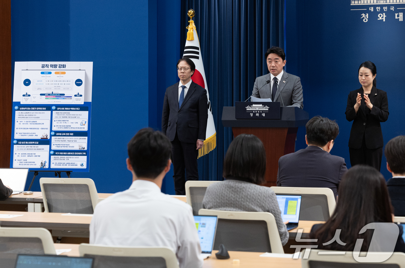 (서울=뉴스1) 이재명 기자 = 강훈식 비서실장이 29일 청와대 춘추관에서 ‘공직역량 강화’ 핵심성과 및 추진계획을 발표하고 있다. 2026.4.29/뉴스1