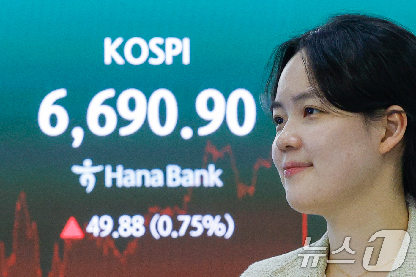 (서울=뉴스1) 안은나 기자 = 코스피가 종가 기준 사상 최고치를 기록한 29일 오후 서울 중구 하나은행 본점 딜링룸에 종가가 나오고 있다.이날 코스피 지수는 전일 종가와 비교해 …