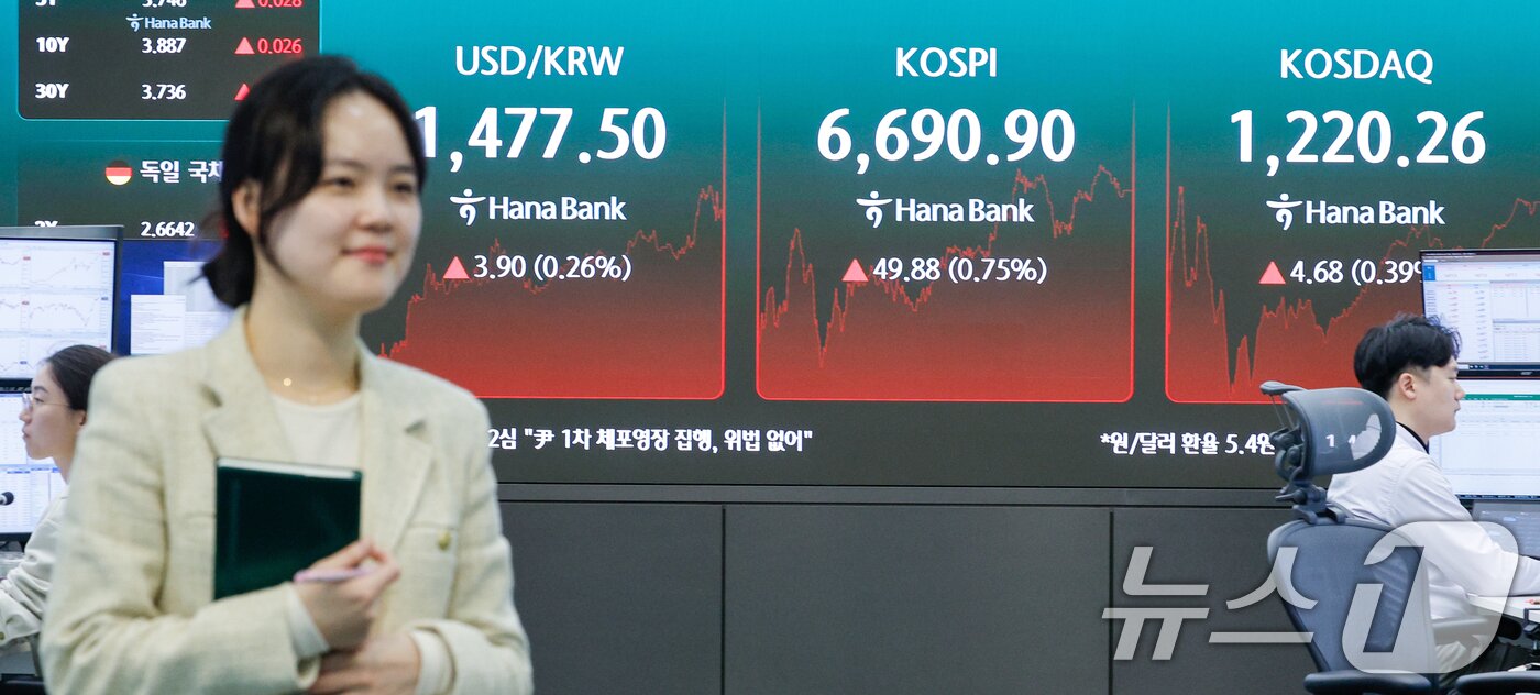 본문 이미지 - 코스피가 종가 기준 사상 최고치를 기록한 29일 오후 서울 중구 하나은행 본점 딜링룸에 종가가 나오고 있다. 2026.4.29 ⓒ 뉴스1 안은나 기자