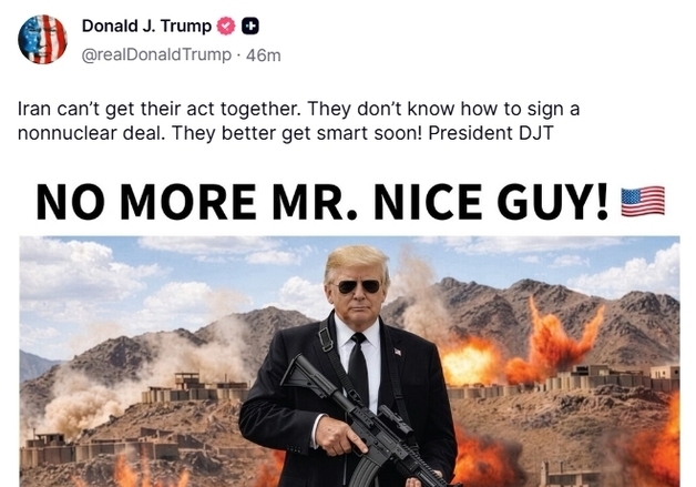 '소총 든' 트럼프 "이란 정신 못차려…더는 '나이스 가이' 없다"