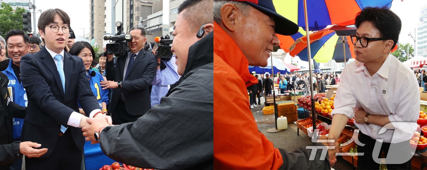 (부산=뉴스1) 윤일지 기자 = 6·3 재보궐 선거에서 격전지로 떠오른 부산 북구갑 출마가 예상되는 하정우 전 청와대 AI미래기획수석(왼쪽)과 한동훈 전 국민의힘 대표가 29일 오 …