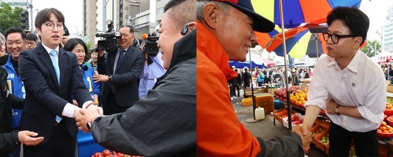 구포시장서 딱 마주친 하정우·한동훈…덕담 주고받으며 선거전 예고