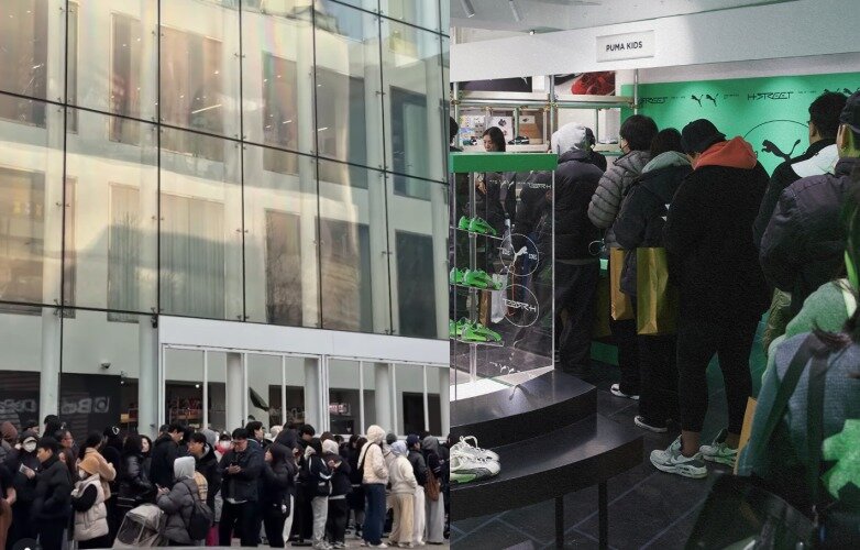 본문 이미지 - 서울 강남구 신사동 캐리마켓 신사에서 열린 푸마키즈 팝업 현장에 사람들이 긴 줄을 서고 있다. (푸마키즈 인스타그램 갈무리)