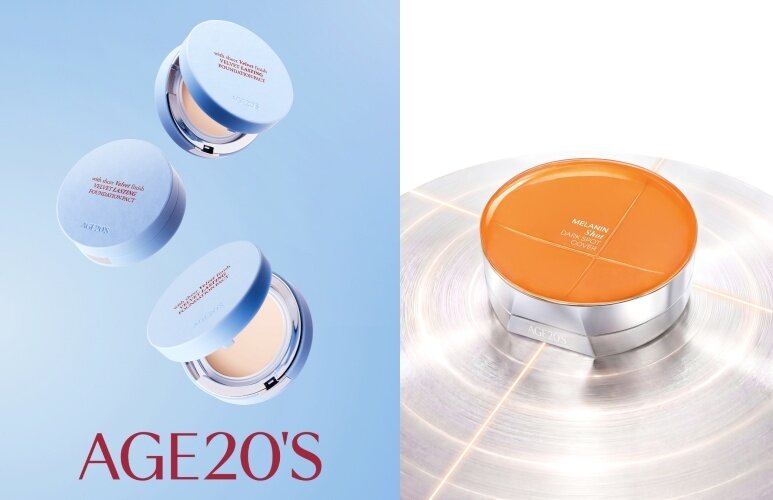 본문 이미지 - AGE20'S 벨벳 래스팅 파운데이션 팩트(왼쪽)와 멜라닌 샷 기미 커버 쿠션(애경산업 제공)