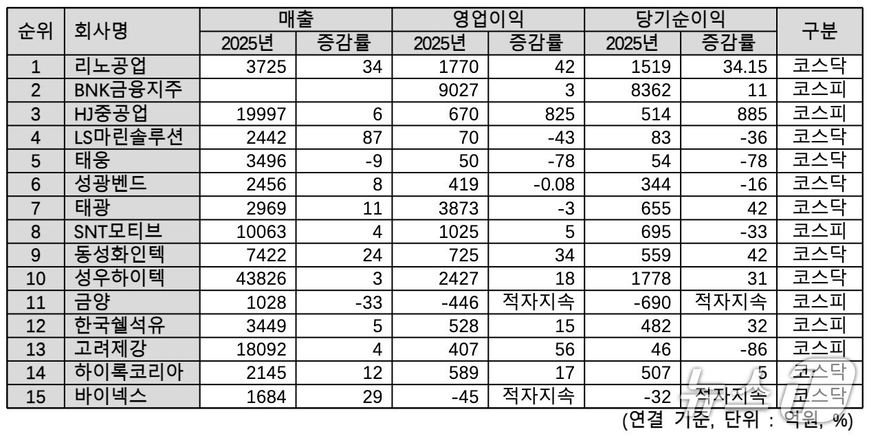 본문 이미지 - 부산 시가총액 상위 상장사 지난해 실적 (한국거래소 자료 갈무리. 재판매 및 DB금지)