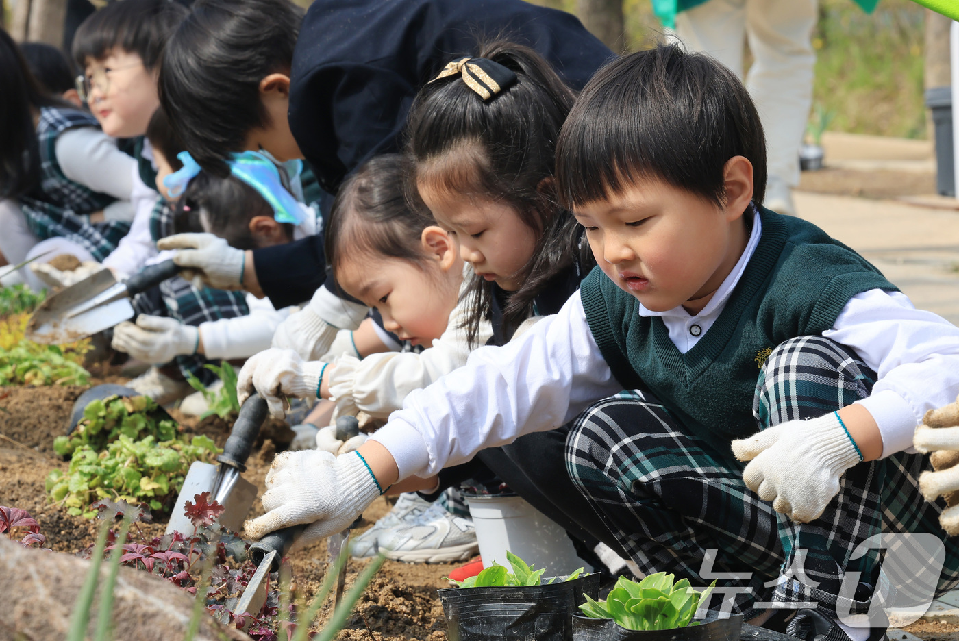 (서울=뉴스1) 임세영 기자 = 3일 오전 서울 강남구 개포동 양재천 개포근린공원에서 열린 식목일 맞이 '참여의 정원 숲' 조성 행사에서 어린이들이 화초를 심고 있다. 2026.4 …